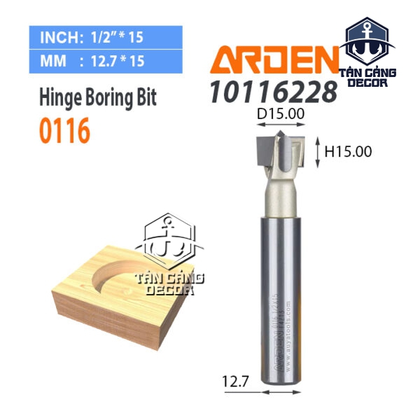 Mũi Router Arden Khoét Gỗ Phi 15mm Cốt 12.7 mm Arden 0116 Hinge Boring Bit