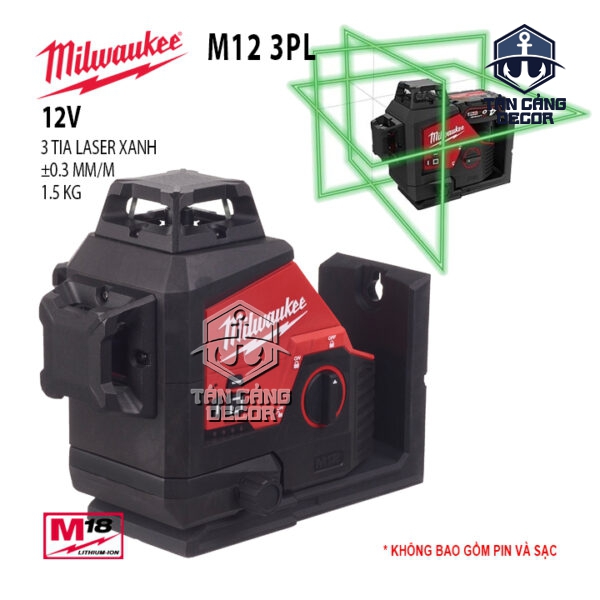 Máy Cân Bằng 12 Tia Laser Xanh 360° Dùng Pin 12V Milwaukee M12 3PL – 3 Mặt Phẳng, Tầm Xa 38m (Thân Máy)