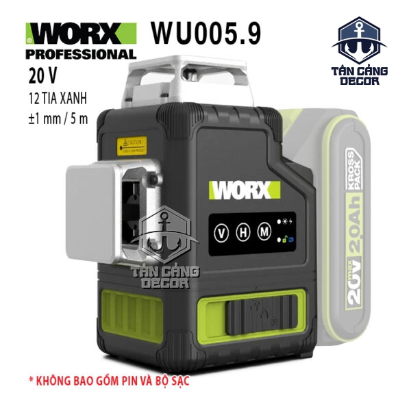 Máy Cân Bằng Laser 12 Tia Xanh Pin 20V Worx WU005.9 – ±1mm/5m, 50mW - Có Điều Khiển Từ Xa (Thân Máy)