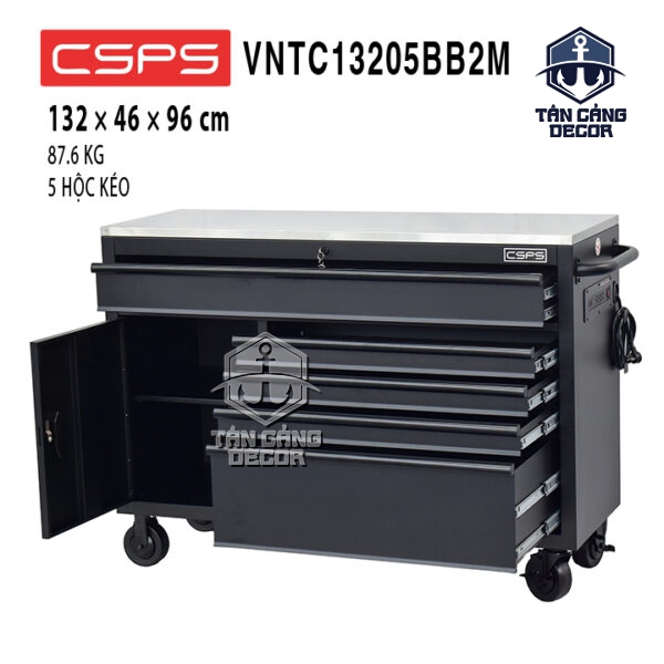 Tủ Dụng Cụ 132cm 5 Hộc Kéo CSPS VNTC13205BB2M – Tải Trọng 680kg, Mặt Inox, Có Ổ Cắm Điện