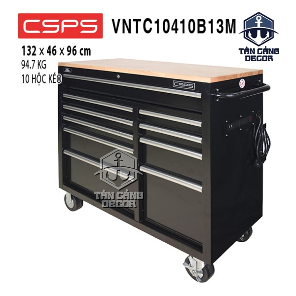 Tủ Dụng Cụ 104cm 10 Hộc Kéo Mặt Gỗ CSPS VNTC10410B13M - Tải Trọng 680 kg, Có Ổ Cắm Điện