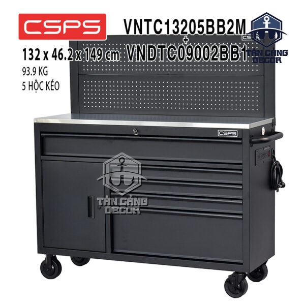 Tủ Dụng Cụ 132cm 5 Hộc Kéo CSPS VNTC13205BB2M + VNDTC09002BB1– Tải Trọng 680kg, Mặt Inox, Có Ổ Cắm Điện & Vách Lưới