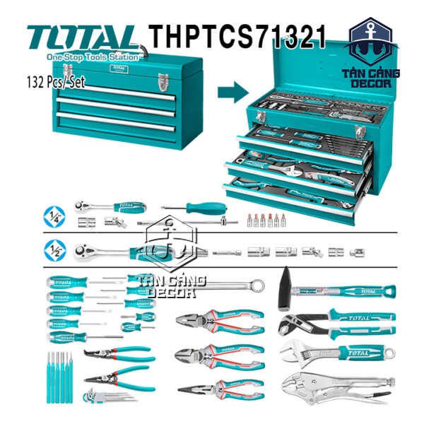 Bộ Đồ Nghề 132 Chi Tiết TOTAL THPTCS71321 – Tủ 3 Ngăn Kéo, Đầy Đủ Dụng Cụ Sửa Chữa