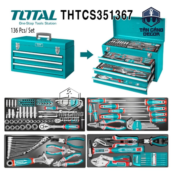 Bộ Dụng Cụ 136 Chi Tiết TOTAL THTCS351367 – Tủ Đồ Nghề Thép 3 Ngăn Kéo Chuyên Nghiệp