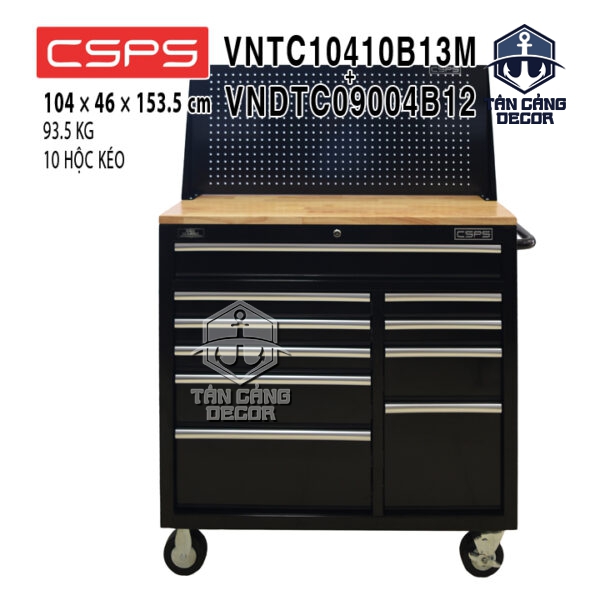 Tủ Dụng Cụ 104cm 10 Hộc Kéo Mặt Gỗ CSPS VNTC10410B13M + VNDTC09004B12 - Tải Trọng 680 kg, Có Ổ Cắm Điện & Vách Lưới