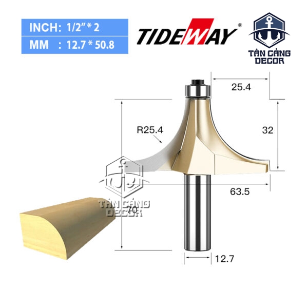 Mũi Router TideWay Bo Góc R25.40 Cốt 12.7 mm