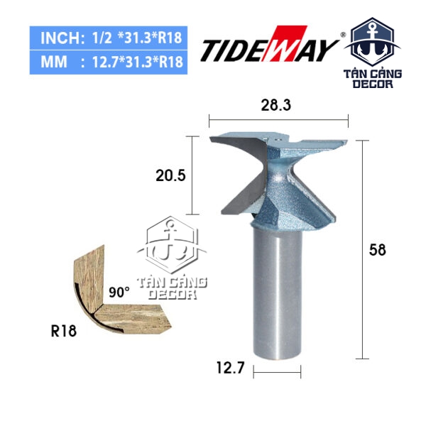 Mũi Phay Uốn Cong Gỗ 90° Tideway R18 - Cốt 12.7mm