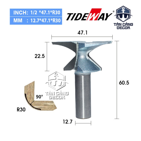 Mũi Phay Uốn Cong Gỗ 90° Tideway R30 - Cốt 12.7mm