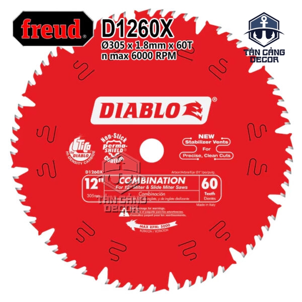 Lưỡi Cưa Gỗ 305mm x 60T Freud Diablo D1260X 12" – Răng Hợp Kim, Cắt Dọc & Cắt Ngang